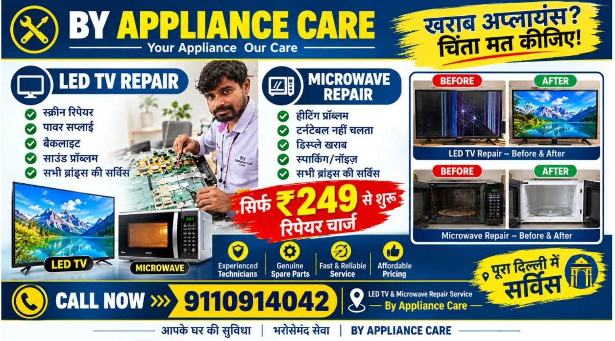 BY Appliance Care poster: LED TV and microwave repair at home, call 9110914042